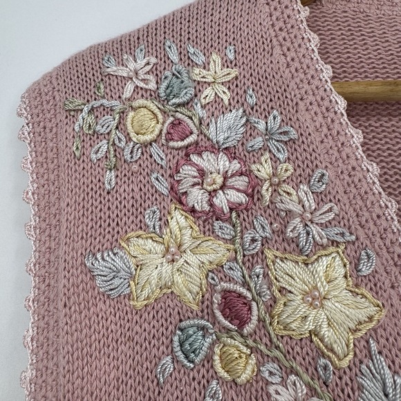 Vintage Cardigan Sweater Vest Women's Large Pink Granny Embroidered‎ Floral - Picture 3 of 8